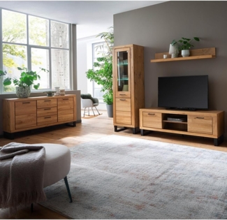 Lomadox Wohnzimmer-Set KUMASI-06, (Mega-Spar-Set, 4-St, Lowboard Sideboard Vitrine Wandregal), in Eiche teilmassiv, inkl. LED-Beleuchtung, Metallgriffe & -füße