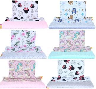 Minky Kinderwagenset -Maus Flowers Wald Einhorn - Baby Kuscheldecke Kinder Decke Kissen (Einhorn + GRAU, 50x70/25x35 cm)