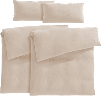 Pure Label Musselin Bettwäsche 135x200 4 teilig bestehend aus Bettbezug 135x200 cm 2er Set + Kissenbezug 40x80 cm 2er Set aus Baumwolle - Traumhaft kuschelige Bettwäsche-Sets in beige