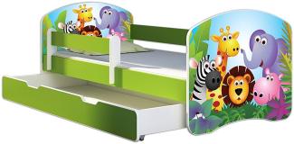 ACMA Kinderbett Jugendbett mit Einer Schublade und Matratze Grün mit Rausfallschutz Lattenrost II 140x70 160x80 180x80 (01 Zoo, 180x80 + Bettkasten)