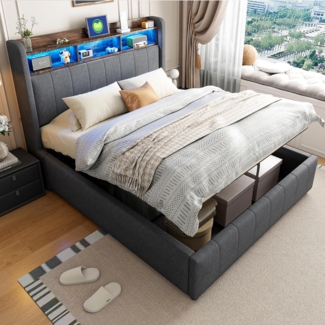 Ball & Cast Polsterbett (140x200 cm) mit hydraulischem Stauraum, Doppelbett mit Beleuchtung und USB-Ladefunktion, Einfach & Zeitsparend Montierbar, Grau