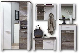 Garderobe Set MATEO2 5-tlg Schrank Paneel Spiegel Kommode Bank weiß Driftwood