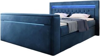 Boxspringbett Jupiter mit TV Lift, RGB und Stauraum 200x200 Blau H4 (100kg+)