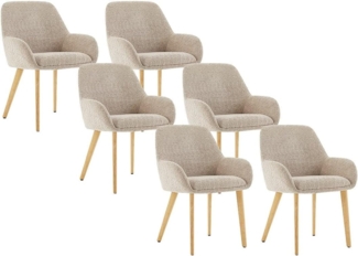 Vente-unique - 6er-Set Stühle mit Armlehnen - Bouclé-Stoff & Kautschukholz - Taupe & helles Naturholz - VALENYO