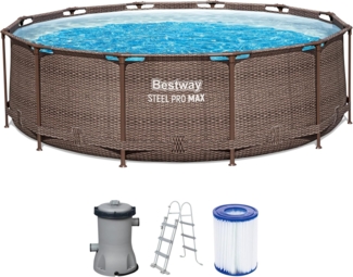 Bestway Steel Pro MAX Frame Pool-Set mit Filterpumpe Ø 366 x 100 cm, Rattan-Optik (Schokobraun), rund