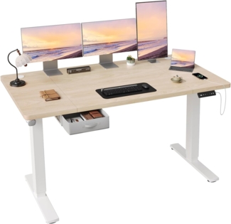 JUMMICO Höhenverstellbarer Elektrischer Stehtisch 160x80 cm mit Schublade und Haken – Höhenverstellbarer Sitz-Steh-Tisch mit Stabilem Stahlrahmen, Breiter Stehtisch für das Homeoffice, Beige