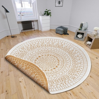Northrugs Porto In- und Outdoor Teppich Rund – Runder Wendeteppich Wasserfest Mandala Design Flachgewebe Teppich Wetterfest für Balkon, Terrasse, Garten, Wohnzimmer in Ocker, ⌀240cm