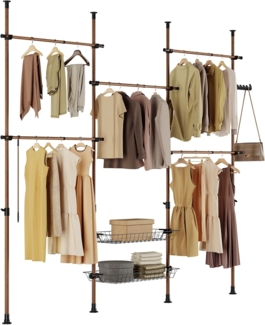 SoBuy KLS04-BR Teleskopstange Kleiderständer mit 5 Kleiderstangen und 2 Körben Teleskop Garderoben System Verstellbares Regalsystem B (209-311) x H (200-285) cm