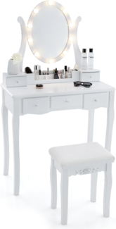 COSTWAY Schminktisch mit LED-Beleuchtung, 3 Farben mit Einstellbarer Helligkeit, Frisiertisch mit Hocker, drehbarem Spiegel, 5 Schubladen & Ablagegitter, Kosmetiktisch, weiß
