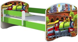 ACMA Kinderbett Jugendbett mit Einer Schublade und Matratze Grün mit Rausfallschutz Lattenrost II 140x70 160x80 180x80 (44 Lokomotive, 180x80)