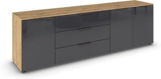 Rauch Möbel Flipp, Kommode für Schlafzimmer, Kinderzimmer, Wohnzimmer, Flur, Garderobe, 3-türig, 3 Schubladen, mit Softclose-Funktion, Farbe Eiche Artisan, Holz/Glas Basalt, Schwarz, Breite 199 cm