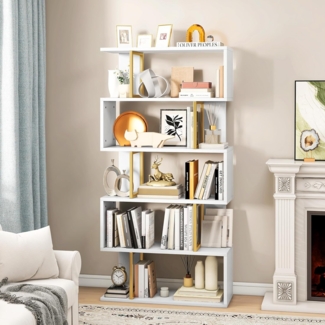 YITAHOME Bücherregal mit 5 Ebenen, S-förmiges Z-Regal, Standregal und Bücherschrank, Industrieregal mit Stahlrahmen, bodenstehendes Ausstellungsregal für Schlafzimmer Wohnzimmer Heimbüro, Gold
