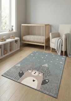 Teppich Kinderzimmer - Teppiche für Kinderzimmer, Kinderteppich Junge, Kinderteppich mit Bergen, Bär, Panda, Sterne, (Türkis-Beige, Größe: 80x150 cm)