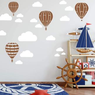 Heißluftballon & Wolken Aufkleber Wandtattoo Himmel | Wandbild 6x DIN A4 Bögen | Sticker Kinder Kinderzimmer Deko Ballons (Lehmbraun)