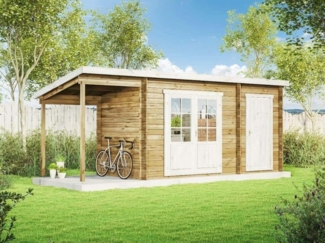 Alpholz Pultdach Gartenhaus Martina-28 mit Anbau & Schleppdach Gartenhaus aus Holz in Braun Holzhaus mit 28 mm Wandstärke inklusive Schleppdach Blockbohlenhaus mit Montagematerial