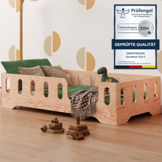 smartwood Kinderbett Bodenbett 60x120 mit Rausfallschutz & Lattenrost - Holz - Kinder Montessori Bett TILA 2P mit glatten Kanten - Betten für schnelle Montage - Bis 230 kg belastbar