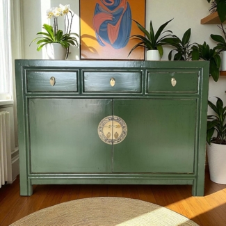 Vintage Kommode Grün Krokodilgrün Messingkreis chinesisch Schrank Sideboard Kolonial-Stil Antik-Stil Lowboard asiatisch orientalisch Fernost shabby-chic Landhaus