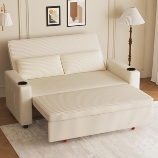 JUMMICO Schlafsofa 2-Sitzer klein, Schlafsofa ausziehbar mit Kissen, Schlafcouch Cord-Bezug mit Getränkehalter Klappsofa Sofa Bed Für Wohnzimmer & Schlafzimmer