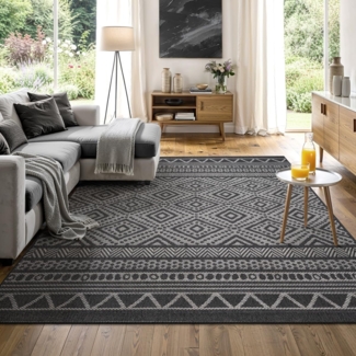 the carpet Calgary - robuster Teppich, Flachgewebe, modernes Design, ideal für Wohnzimmer, Esszimmer und Außenbereich, In- und Outdoor, Vintage-Optik, Boho-Style, Anthrazit, 140x200 cm