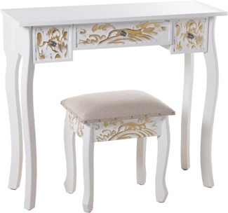 DRW Schminktisch mit 3 Schubladen aus geprägtem Holz mit Hocker in Weiß und Gold, 90 x 32,5 x 80 cm und Hocker 40 x 34 x 43 cm