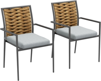 Outsunny Sitzgruppe 2er-Set Rattan Gartenstuhl Stapelbarer Gartensessel mit Kissen, (Gartenstuhl, 2-tlg, Balkonstuhl), Für Terrasse, Stahl, 57 x 58 x 87 cm, Grau