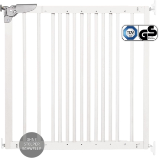 DOLLE Türschutzgitter Treppenschutzgitter aus Massivholz in Weiß. Breite 75,6 – 110,4 cm. Schwenkbares Kindersicherheitsgitter mit Einhand-Sicherheitsverschluss. TÜV/GS geprüft.