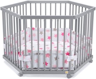 FabiMax Baby Laufgitter 6-eck Grau lackiert, stufenlos höhenverstellbar, mit Schlupfsprossen, Laufstall aus massivem Buchenholz (Rosa Sterne)