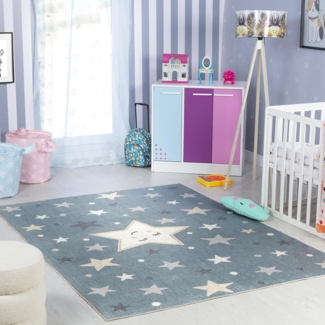 Livabliss Sterne Kinderteppich waschbar - Cartoon Teppich 160x213 cm, Sterne Teppich Kinderzimmer oder Babyzimmer, Waschbarer Krabbelteppich, Spielteppich - Baby Teppich für Jungen & Mädchen, Blau