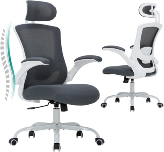 COLAMY Bürostuhl Ergonomisch, Netz-Schreibtischstuhl mit Verstellbarer Kopfstütze, Chefsessel Office Chair mit Lendenwirbelstütze, Verstellbarer Neigungsverschluss Drehstuhl, Grau