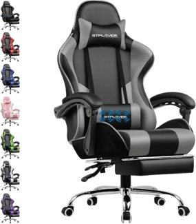 GTPLAYER Gaming Stuhl Bürostuhl Massage Gaming Sessel Ergonomischer Gamer Stuhl mit Fußstütze, Kopfstütze Massage-Lendenkissen, Gepolstert Gaming Chair, Drehsessel, grau