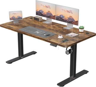 JUMMICO Höhenverstellbarer Elektrischer Schreibtisch mit USB Ladeanschluss, Schreibtisch Höhenverstellbar, Ergonomischer Steh-Sitz Tisch 140x60 cm, Braun