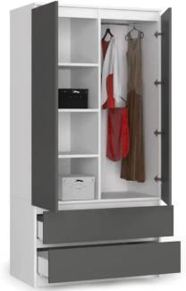 BDW Kleiderschrank 2 Türen, 4 Einlegeböden, Kleiderbügel, 2 Schubladen Kleiderschrank für das Schlafzimmer Wohnzimmer Diele 180 x 90 x 51 cm (Weiß/Grau)