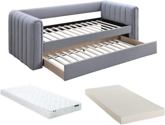 Vente-unique - Ausziehbett + Matratze - 90 x 190 cm - Stoff - Grau - SAHONA