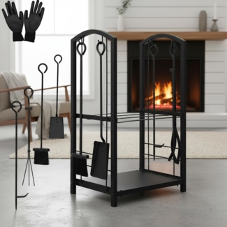 Mucola Kaminholzregal Feuerholzablage 6-tlg. Kaminbesteck Kaminhandschuhe Kaminzubehör, BxTxH:40x30x74 cm, (6-tlg, 6-St, Set), inkl. 4tlg. Kaminwerkzeug, rostfrei und korrosionsbeständig