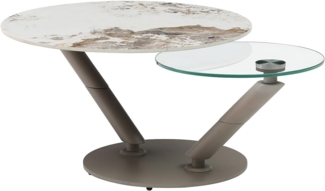 Vente-unique - Couchtisch mit drehbaren Tischplatten - Keramik, Sicherheitsglas & taupefarbenes Metall - Marmor-Optik Weiß & Grau - ELDOVA
