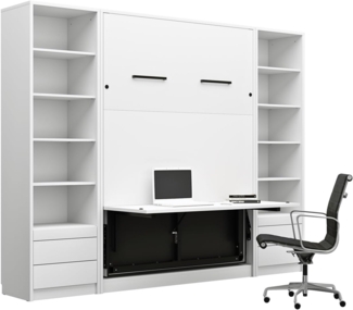 QMM TraumMöbel Schrankbett Wandbett GN 140x200 mit LED, Schreibtisch & 2 Regalen vertikal