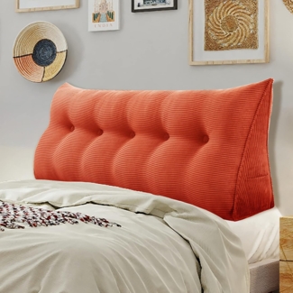 VERCART Großes Keilkissen, Langes Lesekissen, Bettruhe Rückenkissen, Dreieckiges Liegekissen, Dekoratives Kopfteilkissen für Tagesbett oder Tiefes Sofa, Cord Orange, 120cm