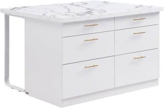 Vente-unique - Kücheninsel mit 6 Schubladen - MDF & Metall - Marmoroptik Weiß - ALEGRITA