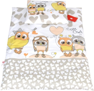 BABYLUX 2 tlg. Set Bezug für Kinderwagen Stubenwagen oder Wiege Garnitur Bettwäsche Kissen Decke 60x78 cm (105. Eule Beige)