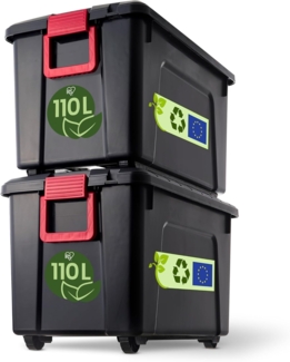 Iris Ohyama, große Kunststoff-Aufbewahrungsbox, 110 l Garagen-Aufbewahrungsbox, 2er-Set, SIA-110, schwarz, stapelbar, Verschlussklammern – B75 x T44,5 x H45 cm