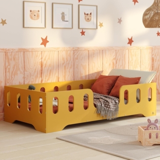 smartwood Kinderbett Bodenbett 80x190 mit Rausfallschutz & Lattenrost - Senfgelb - Kinder Montessori Bett TILA 2 mit glatten Kanten - Betten für schnelle Montage - Bis 230 kg belastbar