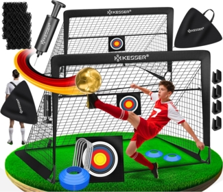 KESSER Pop-Up Fußballtor, 2er Set, mit Transporttasche, 6x Hütchen, Ballpumpe & Zielscheibe, Glasfaserstangen, 120x90 cm, Schwarz