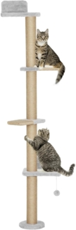PawHut Kratzbaum Sisalpfosten, Plüschstoff, Wandmontiertes Design, 5-stufiges Design, Hellgrau