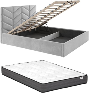 Vente-unique - Bett mit Bettkasten + Matratze - 160 x 200 cm - Strukturstoff - Grau - JUSTANI