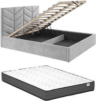 Vente-unique - Bett mit Bettkasten + Matratze - 160 x 200 cm - Strukturstoff - Grau - JUSTANI