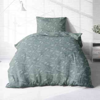 Träumschön Bettwäsche Biber 135x200 oder 155x220 cm - Blumen-Ranke mint oder blau, Biber, 2 teilig, mit Reißverschluss, 100% Baumwolle, kuschelig warm im Winter
