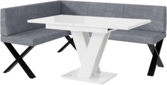 MEBLINI Eckbank für Esszimmer mit ausziehbarem Tisch - Küchenbank - Essecke - Sitzecke Küche - PETER - X-Beine 128x168x87cm Links - Grau Samt/M Weiß Hochgl.