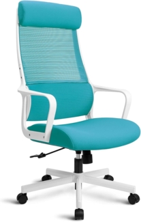 MELOKEA Bürostuhl ergonomisch, Schreibtischstuhl mit Großer und Weicher Verstellbarer Kopfstütze, Integrierter Lordosenstütze, Drehstuhl mit Höhenverstellung und Wippfunktion, Bis 150kg Belastbar Blau