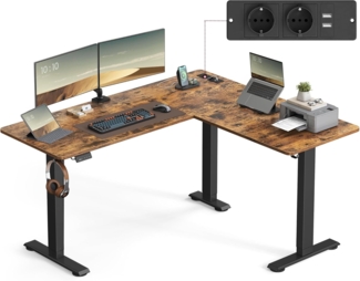 VASAGLE Höhenverstellbarer Schreibtisch elektrisch, L-förmiger Eckschreibtisch, mit Ladestation, Memory-Funktion mit 2 Höhen, Holz vintagebraun-tintenschwarz, 140x160 cm