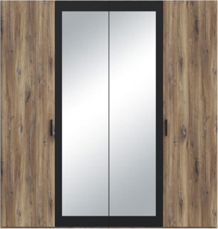 FORTE Leonard Schrank 200 cm, Kleiderschrank mit Spiegel, Drehtürenschrank Industrial Stil, 4 Tür, Schlafzimmerschrank, Holz Dekor: Flagstaff Eiche/Schwarz, 200,3 breit x 210,5 hoch x 54,2 tief